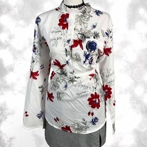 Boho Chic Floral White Multicolored Long Sleeve Button Blouse